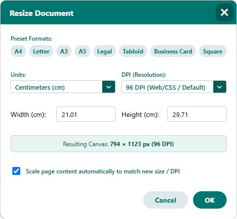 Page Size and Physical Units Dialog